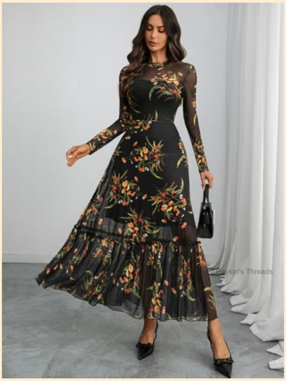 Floral Mesh Maxi Dress Long Sleeve A Line Ruffle Hem Wedding Guest - Picture 3 of 7